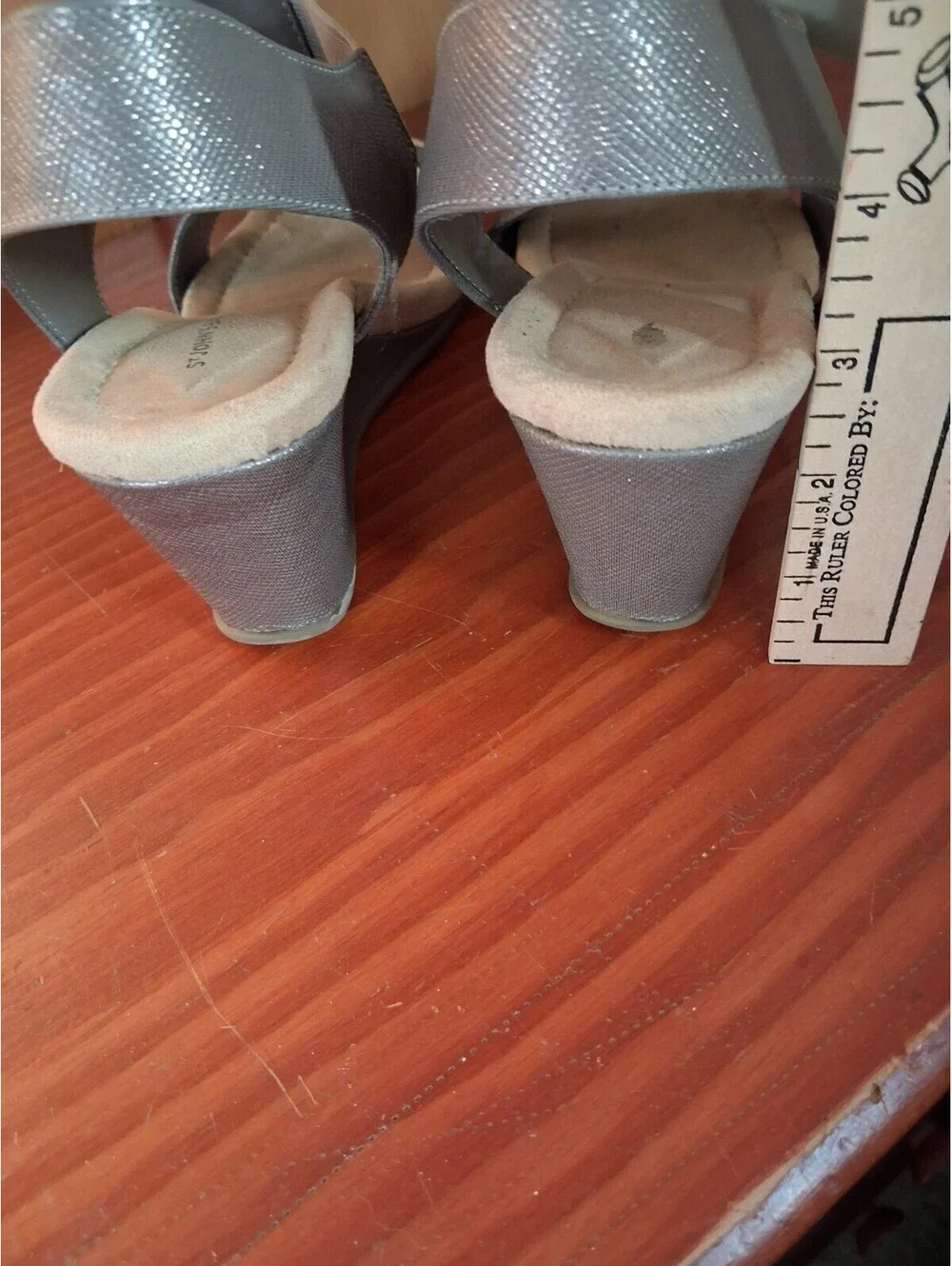 St Johns Bay Women's Silver Brown Wedge Open Toe Strappy Sandals Size 7M